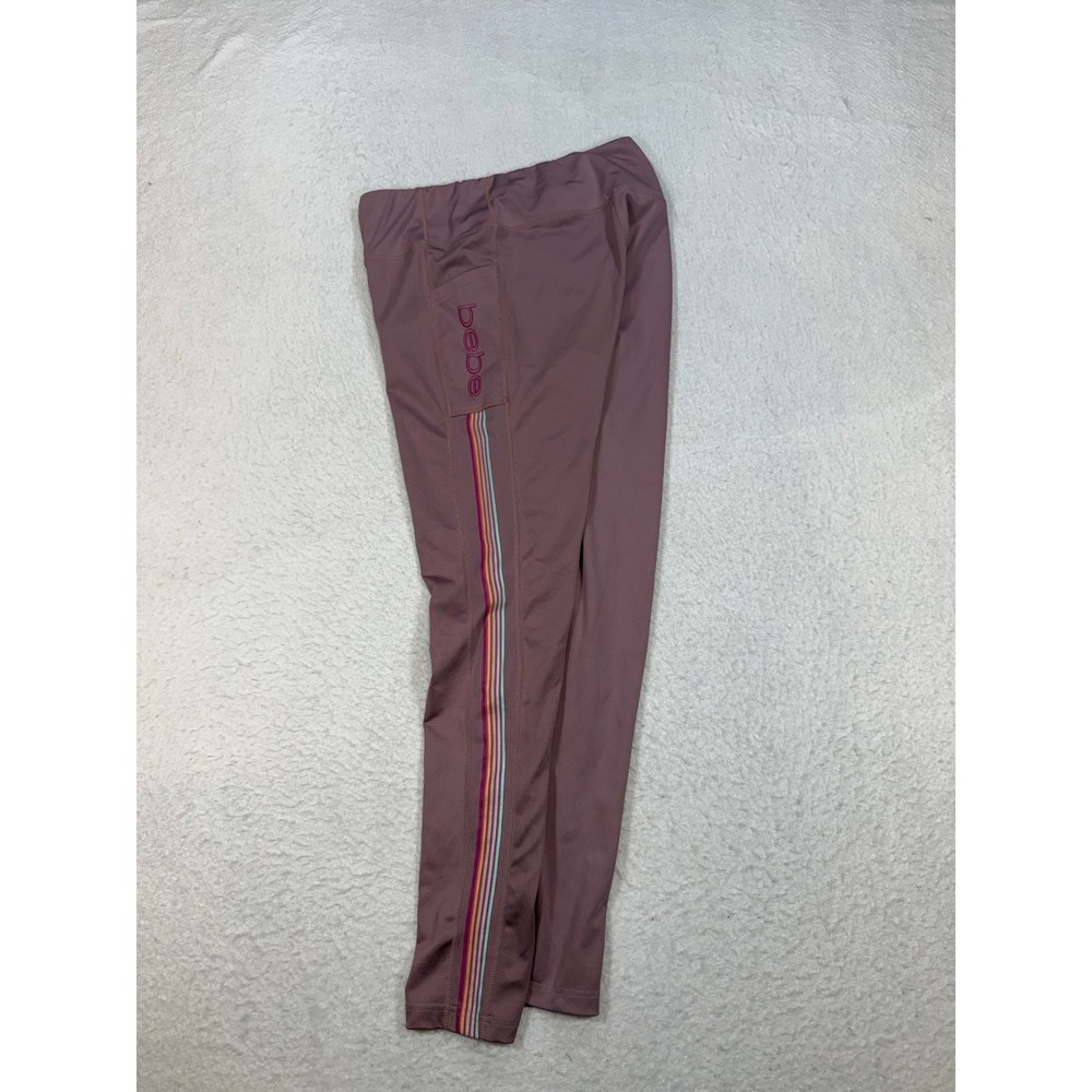 Bebe Sport Mauve Pink Rainbow Stripe Active Leggings High Waist Pockets Womens